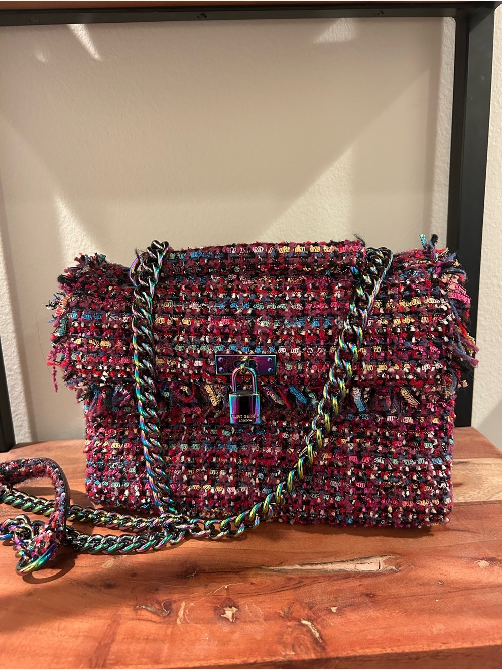 Kurt Geiger Pink Multicolor Tweed Shoulder Bag with Iridescent Chain